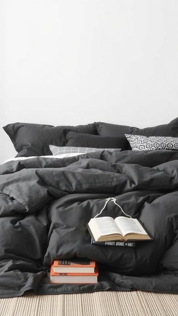 A cozy bed with layered charcoal gray bedding, featuring various pillows and an open book on top of stacked books.