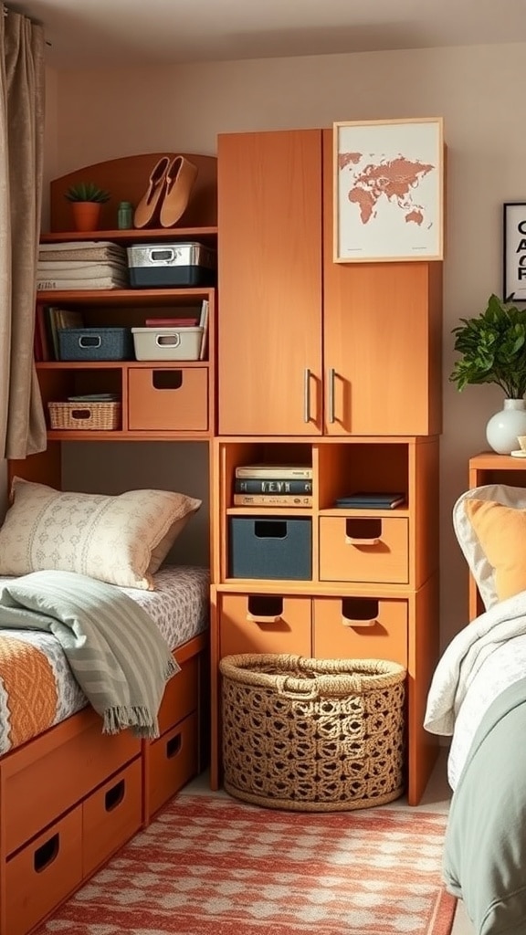 A cozy dorm room featuring terracotta storage solutions, including a tall shelving unit and under-bed drawers.