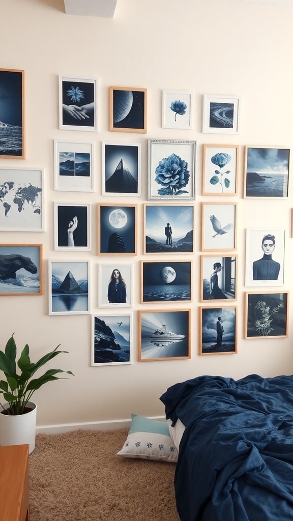 A gallery wall featuring various framed artworks in shades of indigo, with a cozy bed and plant in the foreground.