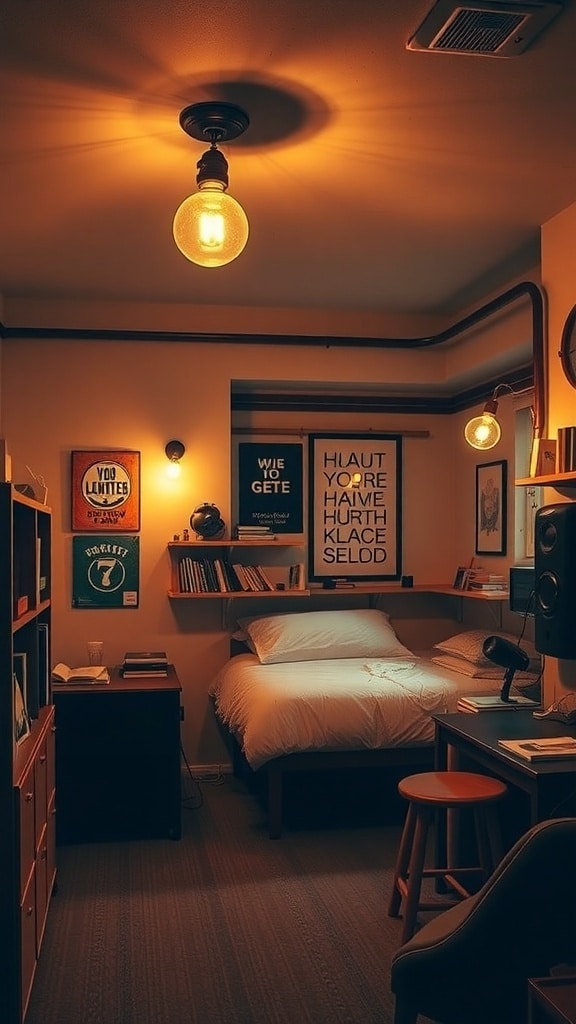 Cozy dorm room with industrial lighting fixtures, featuring warm light and a stylish design.