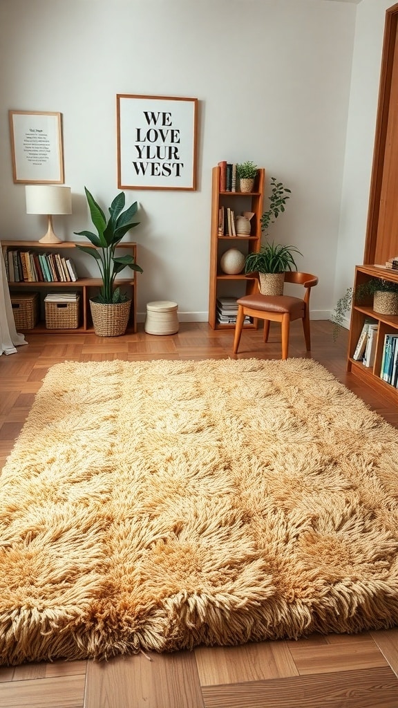 A cozy caramel accent rug in a stylish dorm room setting