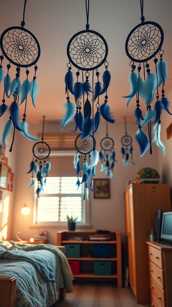 A cozy dorm room featuring multiple indigo dreamcatchers hanging from the ceiling, with a bed and wooden furniture in the background.