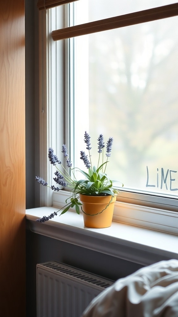 A lavender plant in a yellow pot on a windowsill, adding freshness to a dorm room.