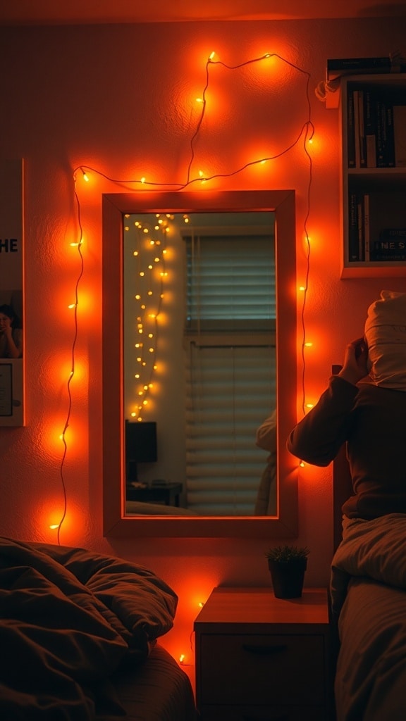A cozy dorm room with rust orange string lights around a mirror, creating a warm atmosphere.