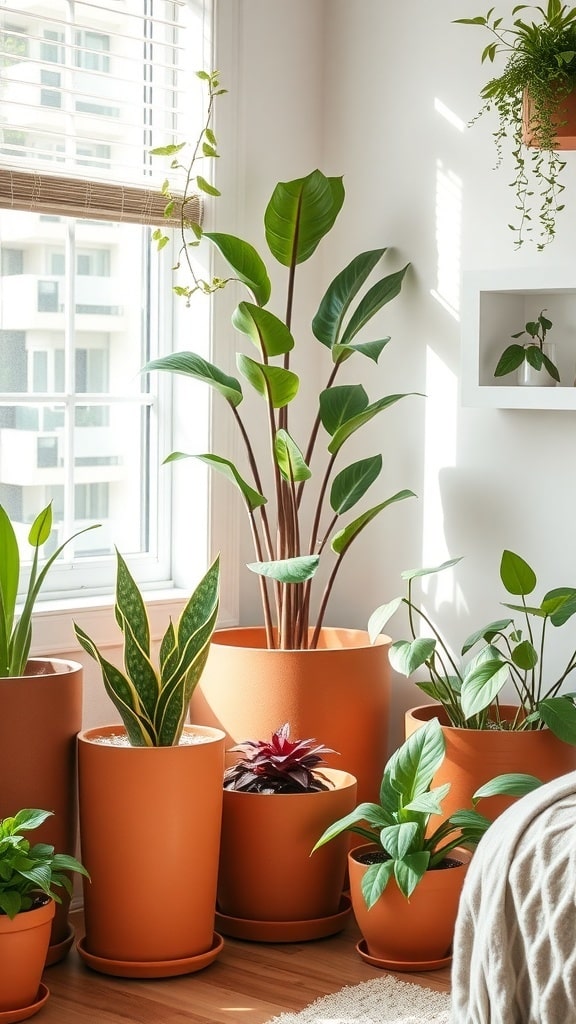 Indoor plants in terracotta pots arranged by a window