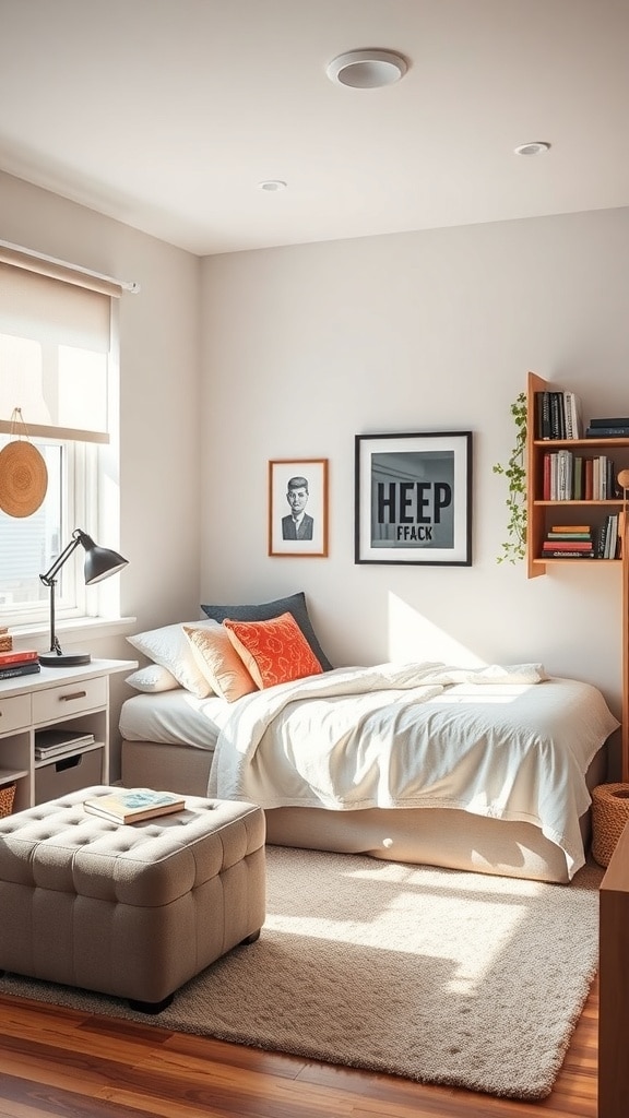 A cozy Japandi cream dorm room featuring multi-functional furniture, including a bed, ottoman, and desk.