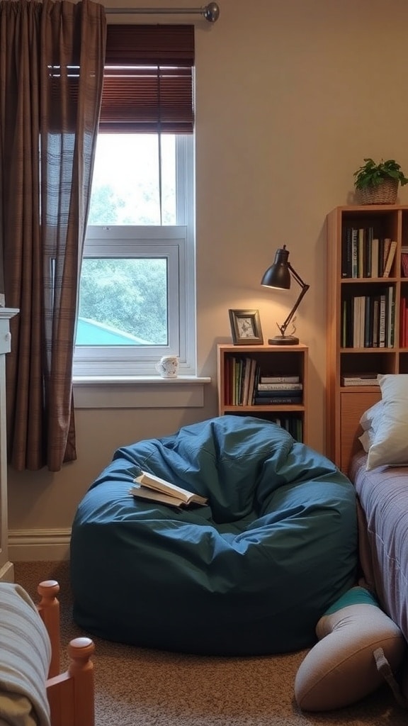 A cozy reading nook featuring a slate blue bean bag chair, a lamp, and a small bookshelf.