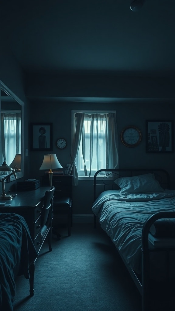 A dark dorm room with a decorative mirror reflecting light and enhancing the space