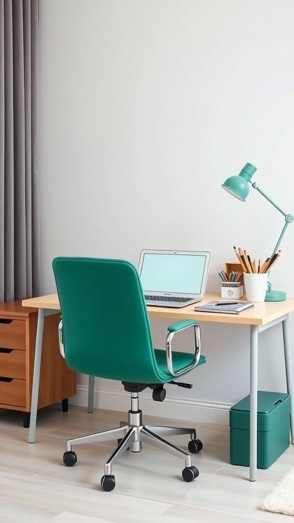 Emerald green desk setup with a green chair, laptop, and lamp