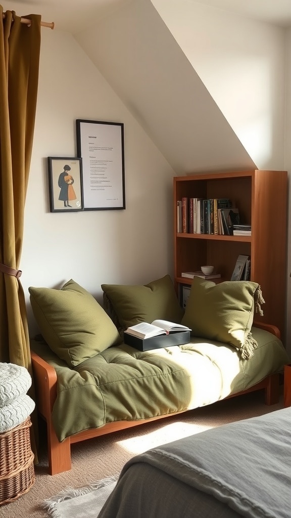 A cozy reading nook featuring an olive green couch, pillows, a bookshelf, and warm lighting.