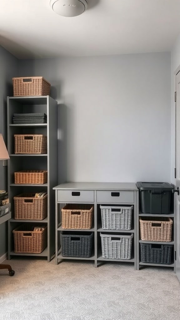 Gray storage solutions in a dorm room with shelves and woven baskets.