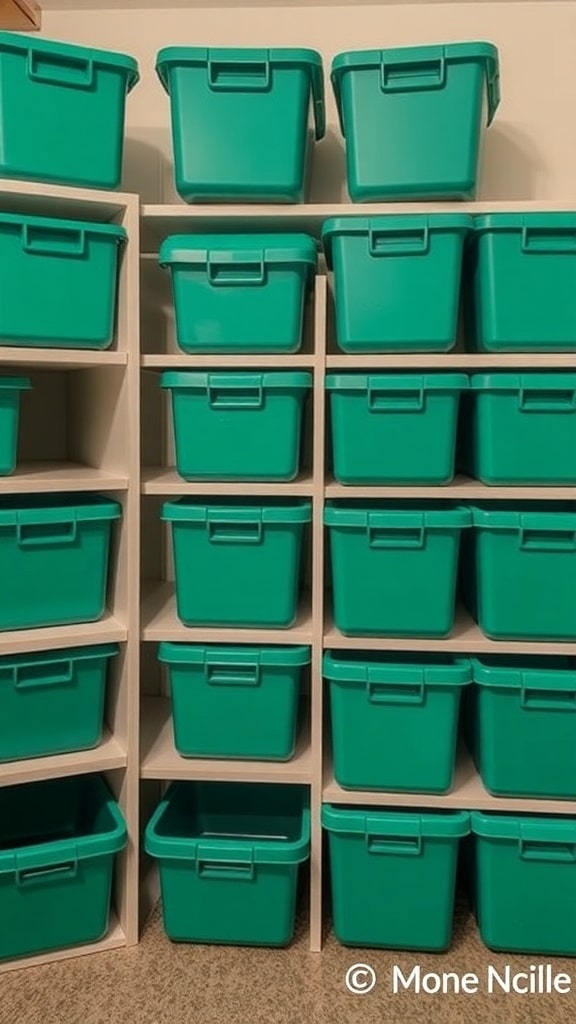 A stack of emerald green storage bins on white shelves in a dorm room.
