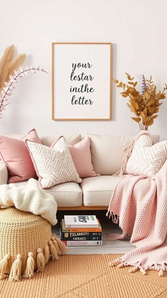 Cozy dorm room setup with blush pink throw pillows and blankets on a light couch, featuring a woven pouf and decorative plants.