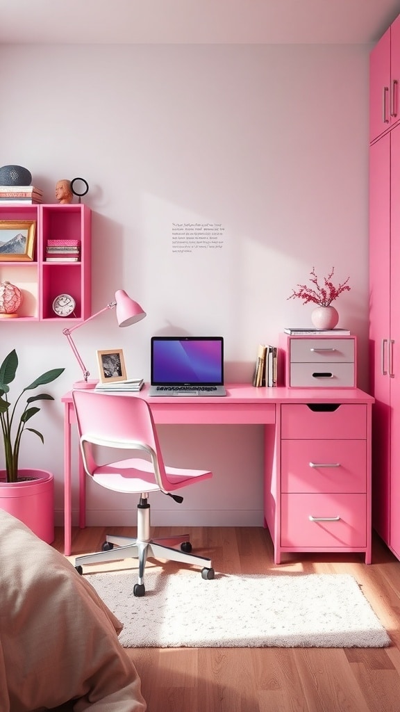 A stylish pink desk setup in a dorm room with a plant, lamp, and shelves.