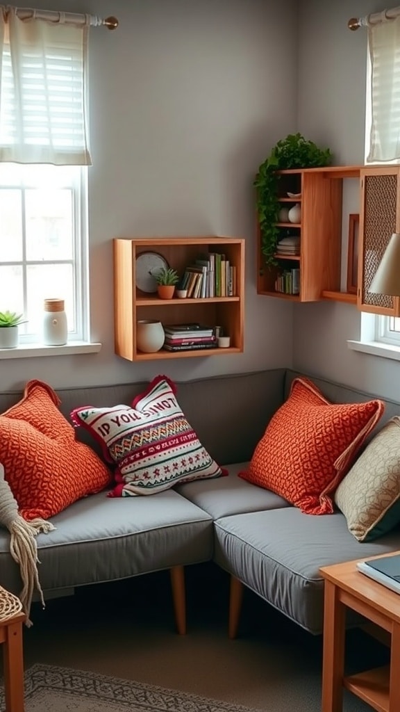 A cozy corner with orange throw pillows on a gray couch, surrounded by bookshelves and plants.