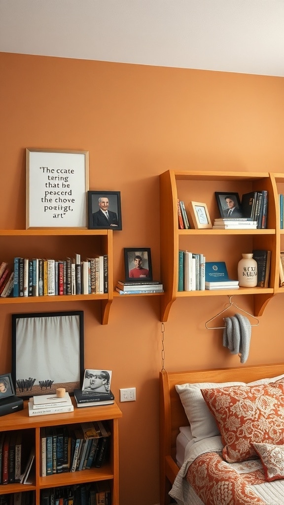 Cozy dorm room with caramel-colored walls and wooden wall shelves displaying books and photos.
