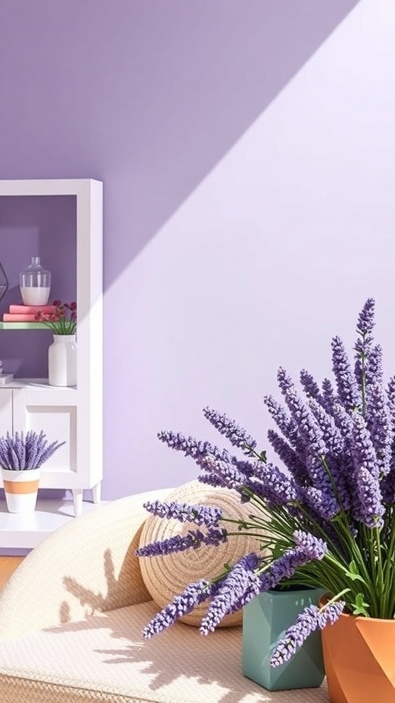 A cozy dorm room with lavender walls, a beige couch, and lavender plants in pots.