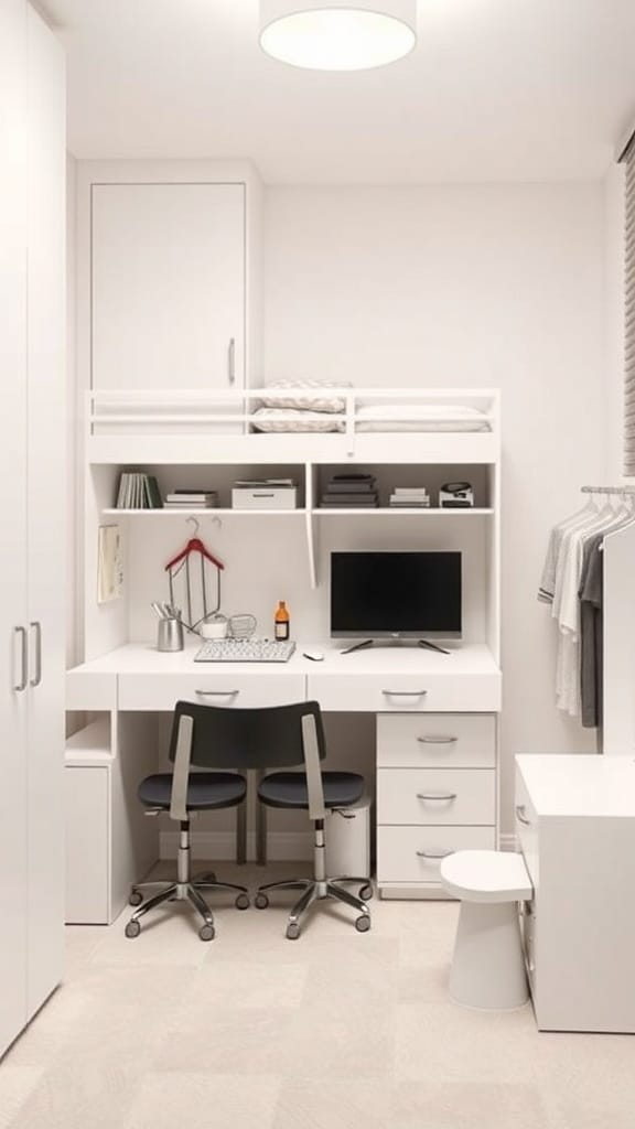 A small white dorm room with an elevated bed, desk, and storage solutions.
