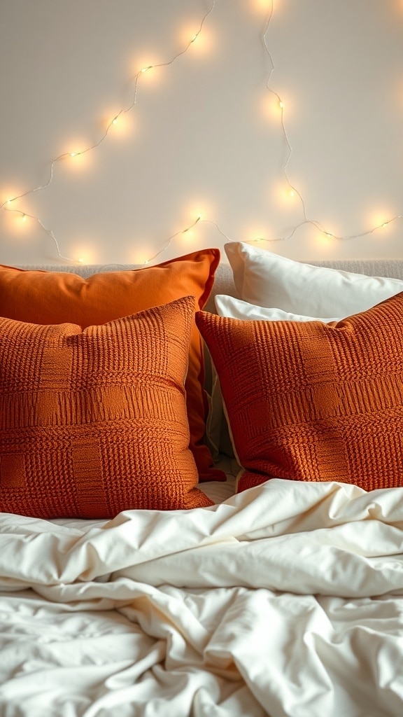 Two textured rust orange throw pillows on a bed with white bedding and fairy lights in the background.