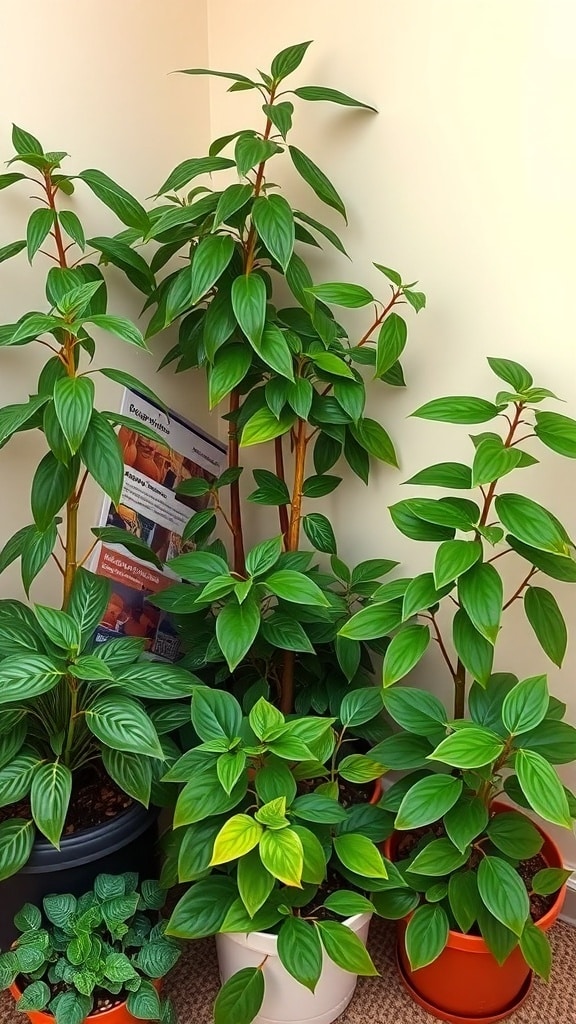 A collection of emerald green plants in various pots, showcasing their lush leaves and vibrant colors.