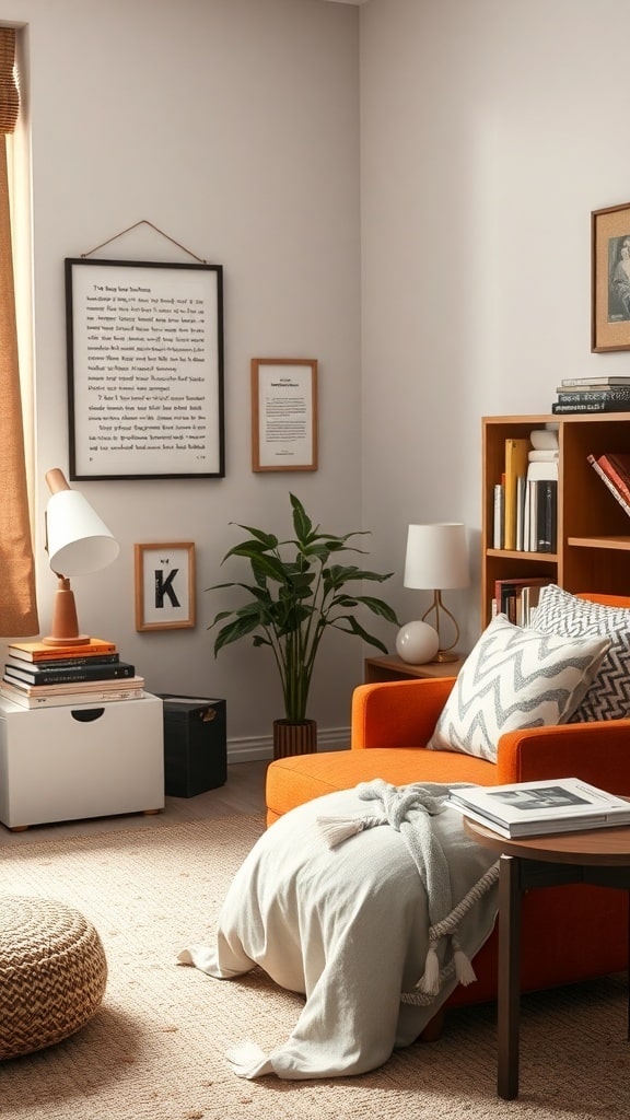 A cozy dorm room featuring burnt sienna accent furniture, including an armchair and side table, with warm decor elements.