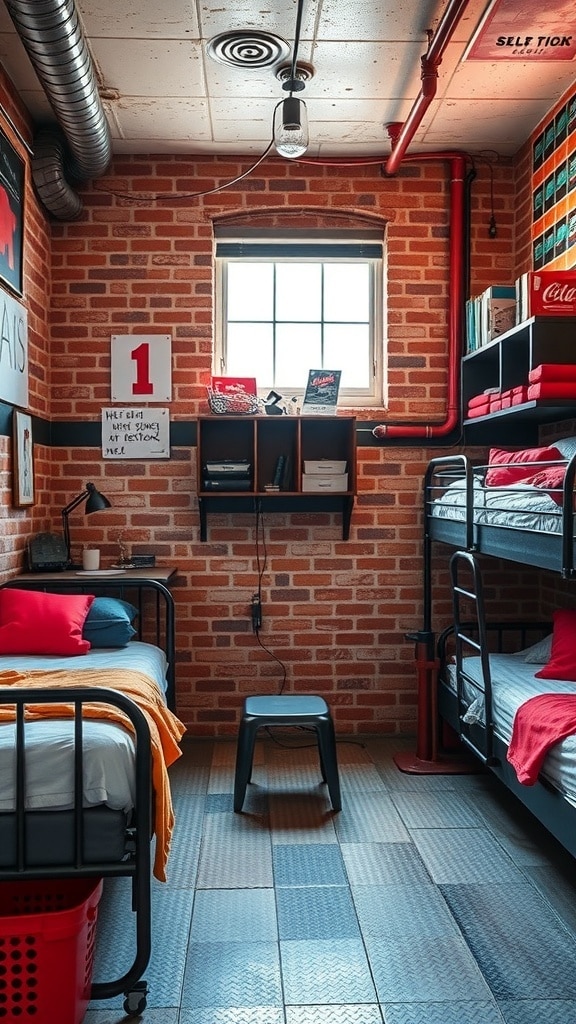 A stylish industrial dorm room featuring exposed brick walls, metal bed frames, and bold color accents.