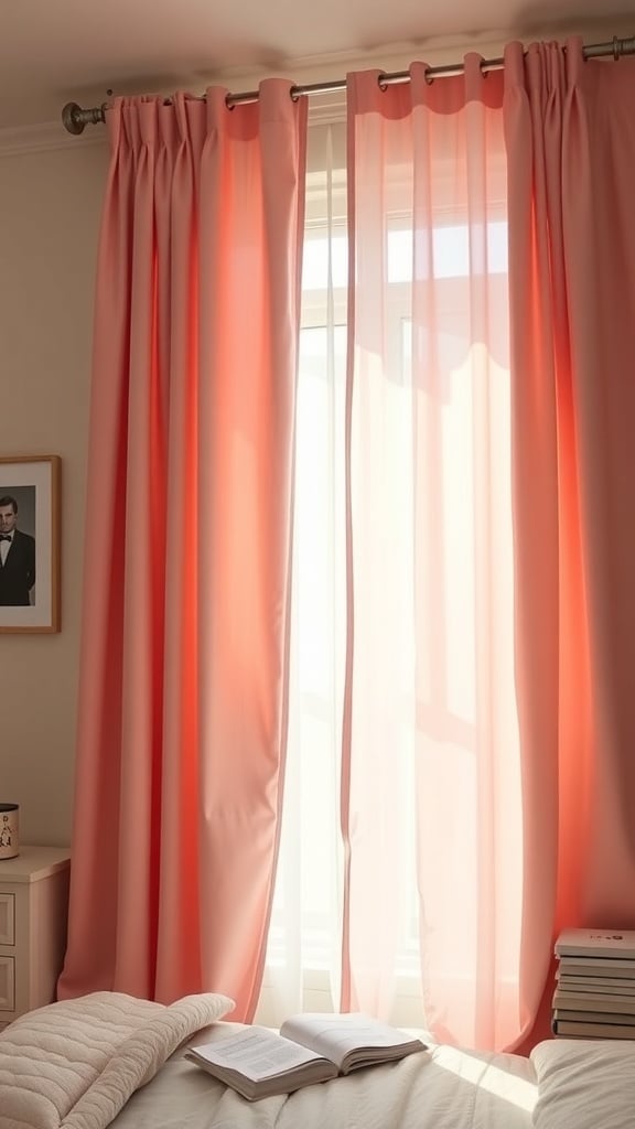 Blush pink curtains hanging in a bright room with soft sunlight filtering through