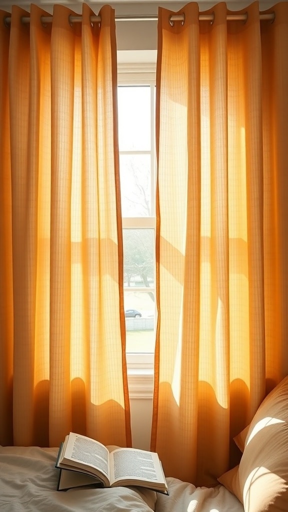 Cozy caramel color curtains in a dorm room, letting in soft light with a book on the bed