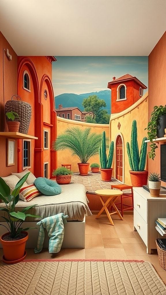 A dorm room with a terracotta-inspired wall mural featuring arches, plants, and warm colors.