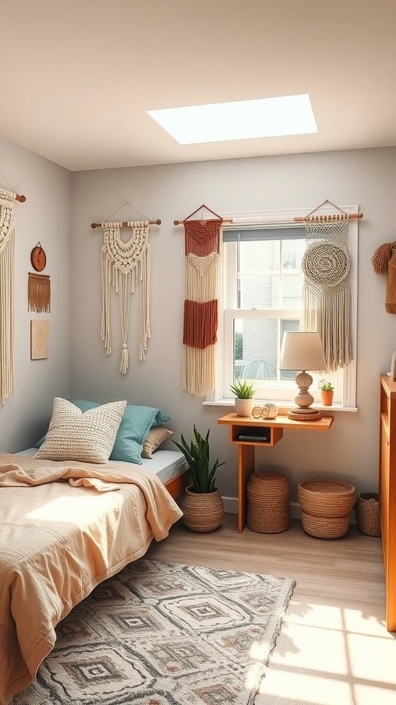A cozy dorm room featuring macrame wall hangings, a bed with beige bedding, and plants.