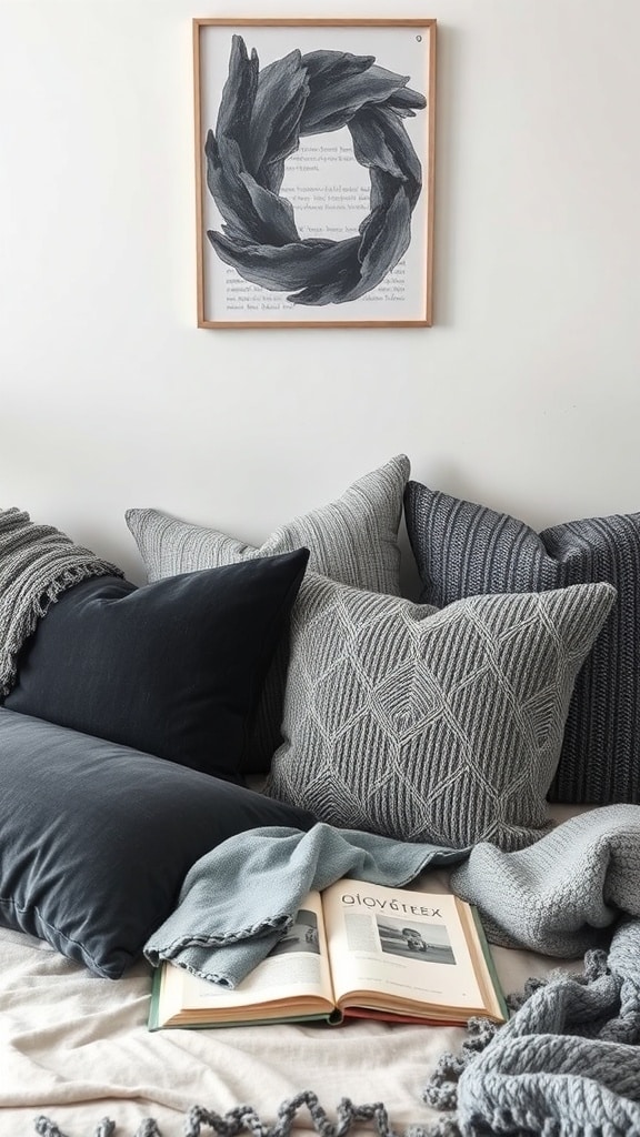 Cozy textured throw pillows in shades of charcoal gray on a bed with a soft throw blanket and an open book.