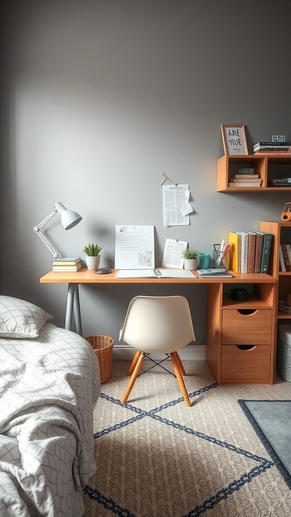 A modern gray dorm room desk setup with a light wood desk, white chair, plants, and organized shelves.