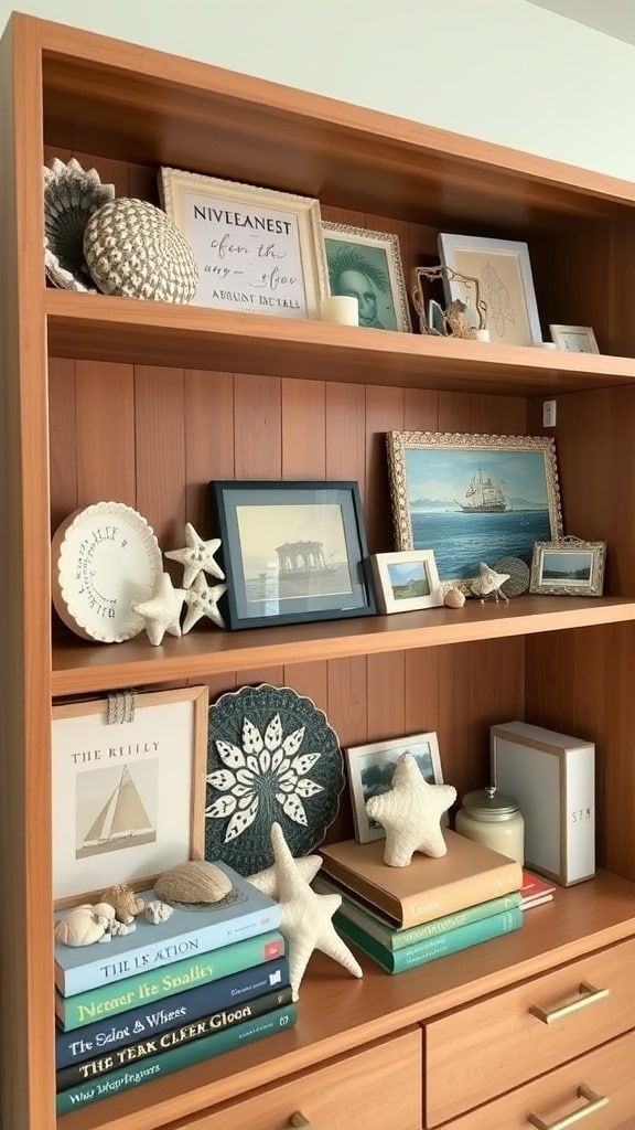 A wooden shelf decorated with seashells, starfish, framed pictures, and books, creating a coastal vibe.
