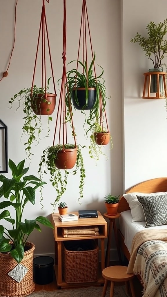 A cozy dorm room featuring hanging planters with various plants, showcasing a boho aesthetic.