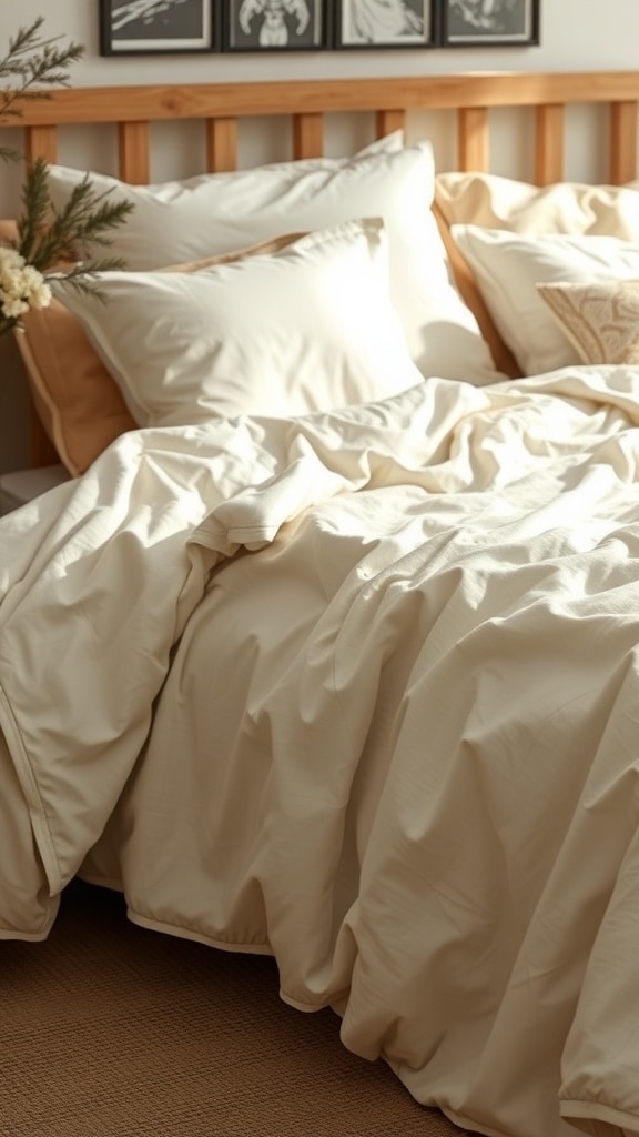 A cozy bed with cream textured bedding and pillows, styled in a Japandi aesthetic.