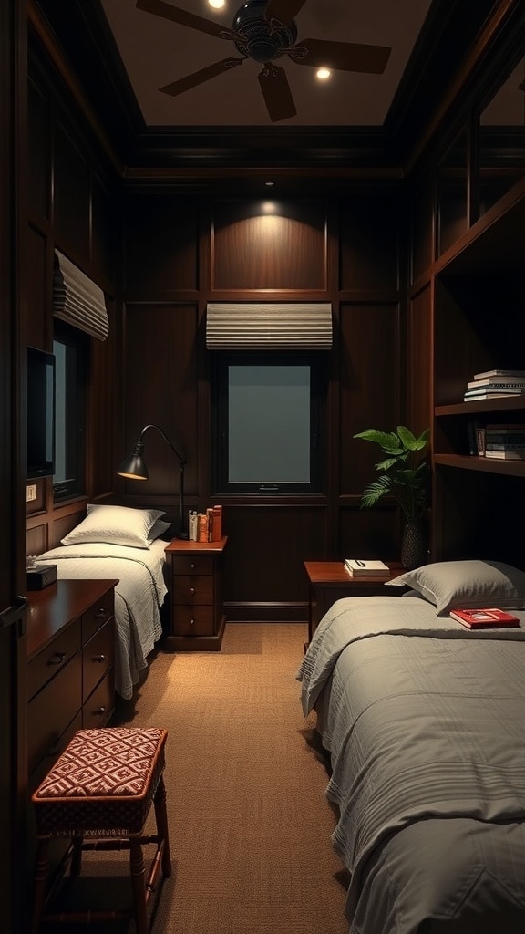 A cozy dorm room featuring dark wood furniture, two beds, and warm lighting.