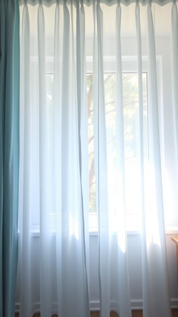 Light blue and sheer white curtains in a bright room