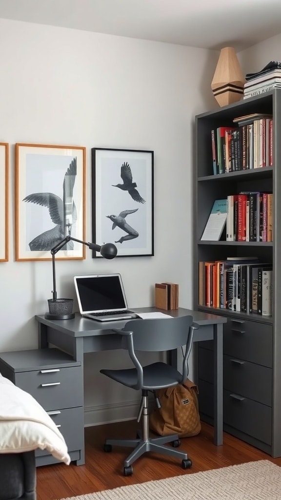 A stylish study nook featuring a gray desk, laptop, and framed bird prints on the wall.