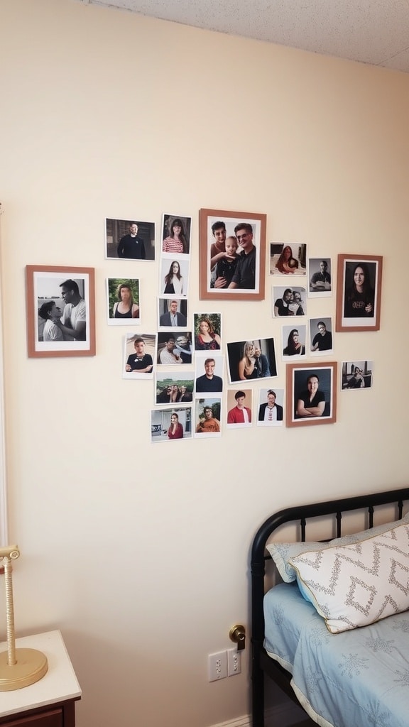 A wall decorated with various framed and unframed photos in a taupe-colored dorm room.