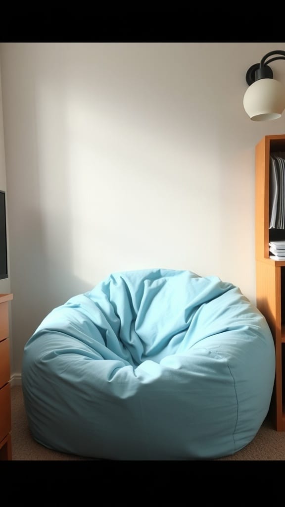 Light blue bean bag chair in a dorm room setting