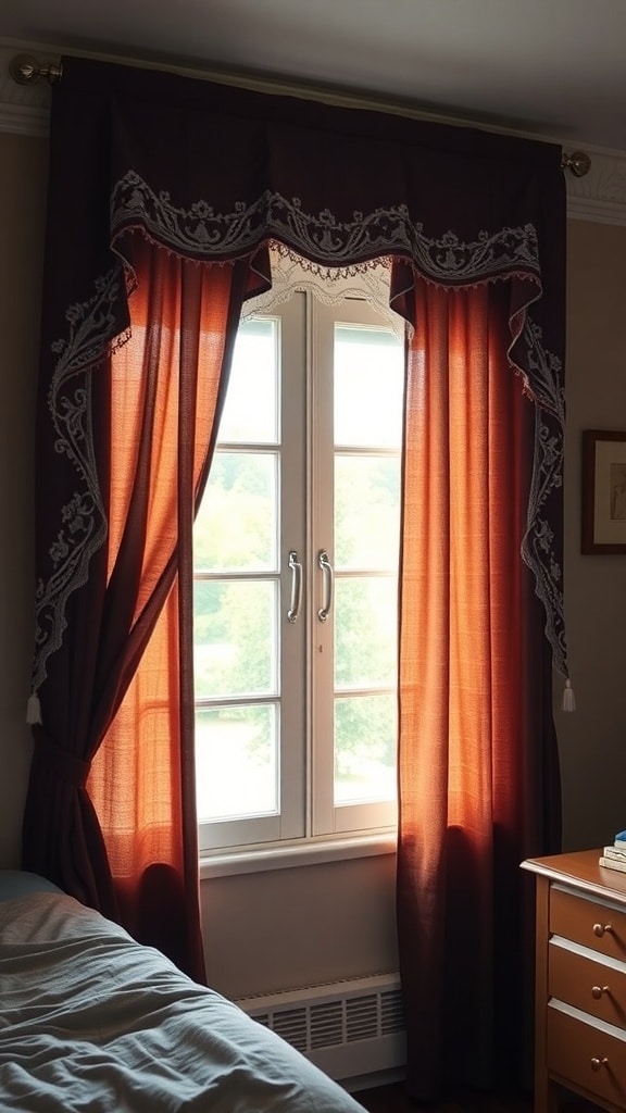 Chocolate brown curtains with lace trim hanging by a window in a cozy dorm room