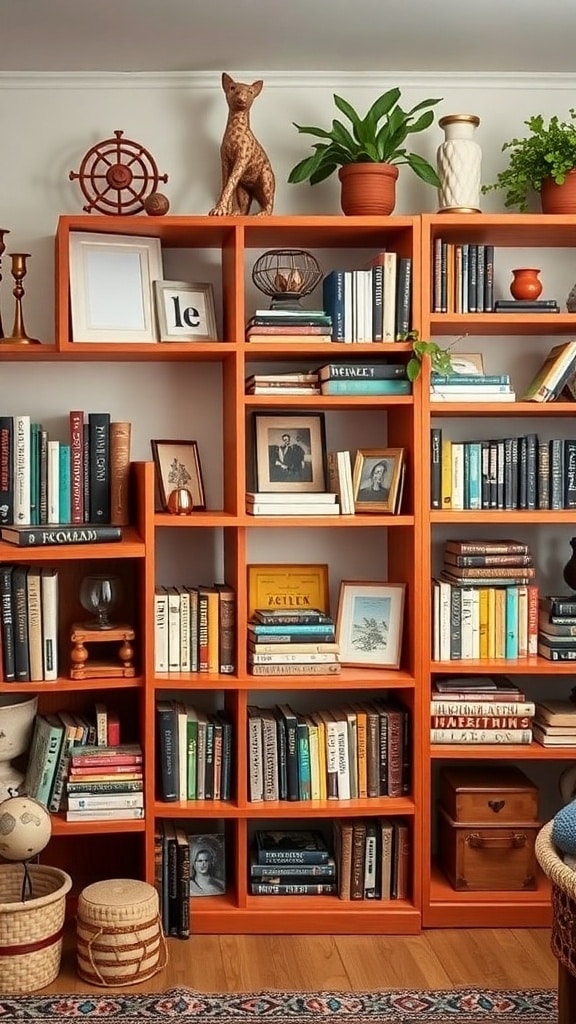 Rustic terracotta shelves filled with books, plants, and decorative items in a cozy setting.