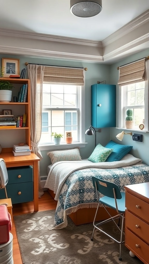 A dorm room featuring a mix of vintage and modern decor with teal accents, wooden furniture, and cozy textiles.