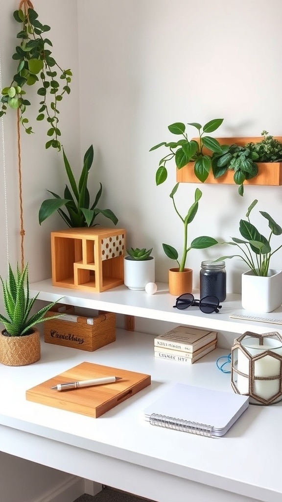 A bright desk with various plants, wooden accessories, and stationery items.