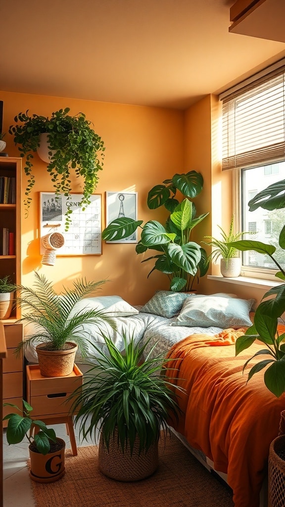 A cozy dorm room featuring ochre walls, green plants, and an orange throw blanket on the bed.