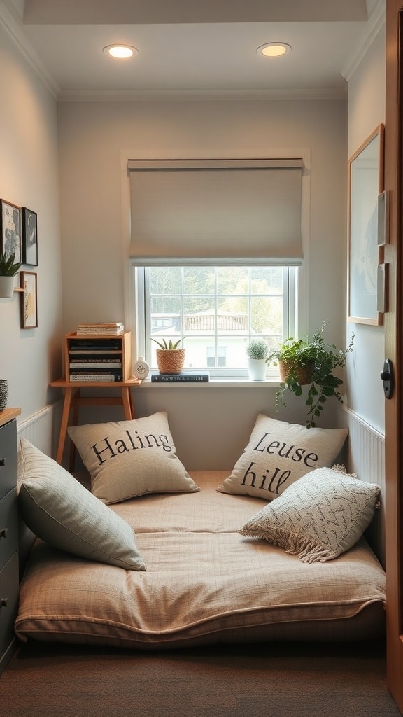 Cozy cushioned floor seating area in a dorm room with decorative pillows and a window.