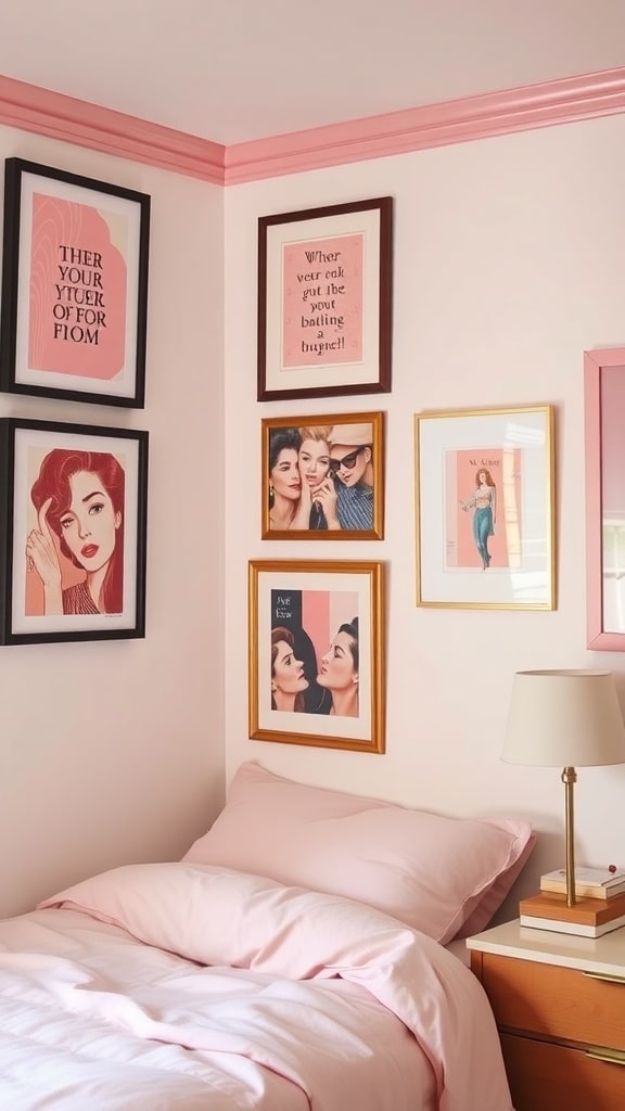 Art Deco wall art and prints in a pink dorm room setting