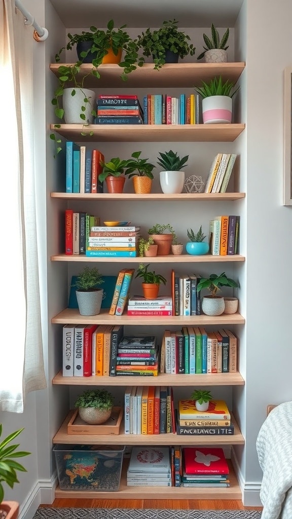 A colorful bookshelf filled with books and plants, showcasing a maximalist style.