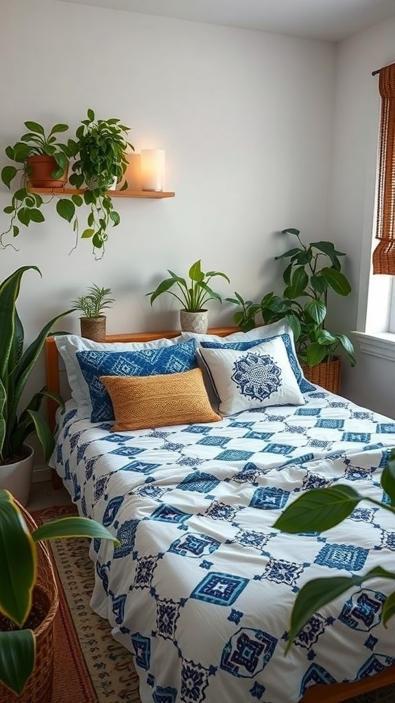 A cozy dorm room featuring a bed with indigo and white patterned bedding, surrounded by green plants.