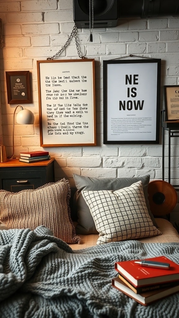 A cozy dorm room bed with textured throw pillows and a soft blanket, featuring an industrial-style wall.